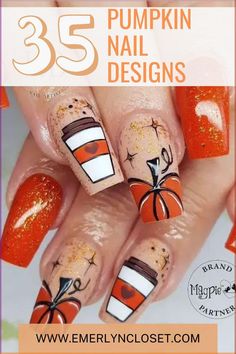 Adorable pumpkin nail designs for the perfect autumn look! Explore fall pumpkin nail designs that capture the essence of the season. Discover cute pumpkin nails for a fun and festive touch. Find easy pumpkin nail designs that are quick and stylish. Check out cute pumpkin nail designs and creative pumpkin nail designs acrylic to elevate your manicure this fall! More pumpkin nail art   pumpkin nails fall over on the blog. Fall Nails Apples, Pumpkin Spice Nail Art, Easy Fall Nail Art, Pumpkin Nails Fall, Cute Pumpkin Nails, Fall Floral Nails, Nail Art Pumpkin, Rockabilly Nails, Nail Designs Acrylic