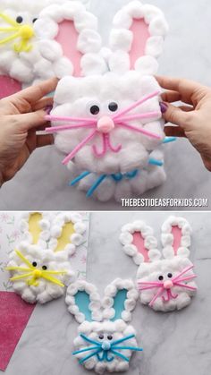 two pictures of the same bunny made out of toilet paper and some yarn with scissors