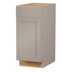 a gray cabinet with two doors on the front and one door open to reveal an empty drawer