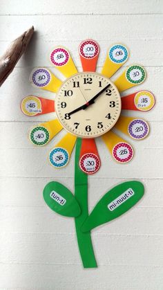 a clock that is on the side of a wall with numbers and flowers painted on it