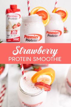 strawberry protein protein smoothie with orange slices and strawberries