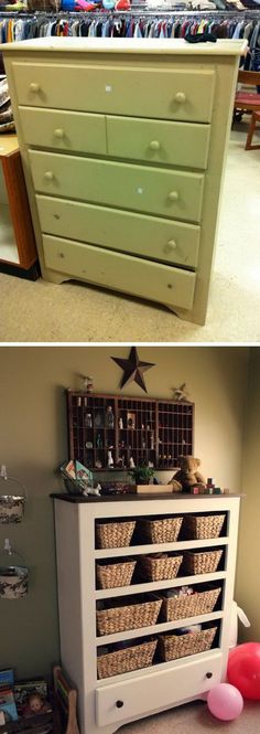 two pictures side by side one has a dresser and the other has baskets on it