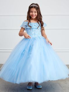 Gorgeous dress from Tip Top Kids will offer her the perfect chance to dial up the glamour and captivate the viewers. Double layer lace overlay off shoulder style with lace applique skirt. Comes in sky blue with lace corset and zipper closure at the back. Blue Lace Pageant Dress, Blue Lace Dress For Pageant, Blue Lace Dresses For Pageant, Blue Lace Dresses For Pageants, Applique Skirt, Girls Ball Gown, Girls Communion Dresses, Kids Gown, Girls Pageant Dresses