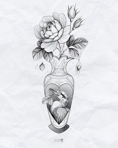 a drawing of a vase with flowers in it