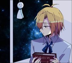 an anime character holding a book in front of a window with the sky and stars behind him