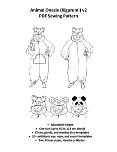 an animal onesie is shown with instructions for how to sew the animal onesies