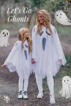 Mom and daughter wearing matching ghost costumes, holding hands and smiling. Featuring a fun and spooky Halloween look from Sparkle In Pink’s Mom & Me collection. Family Of Ghosts Costume, Diy Mom Costumes Halloween, Girly Ghost Costume, Easy Ghost Costume Women, Cute Ghost Costume For Women, Mom And Me Halloween Costumes, Girls Costumes For Halloween, Girls Ghost Costume, Girl Ghost Costume