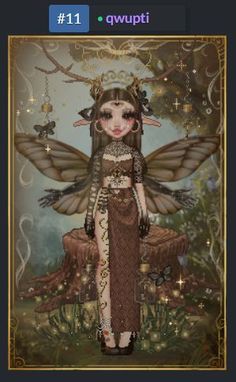 an image of a fairy with wings on her head and dress, standing in front of a