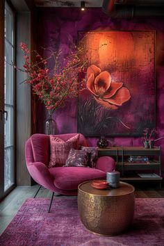 15 Best Moody Mid Century Modern Living Room Ideas Living Room Chic, Moody Mauve Living Room, Moody Plum Living Room, Moody Purple Office, Plum Purple Couch, Moody Mid Century Modern Purple, Mauve Living Room, Jewel Tone Living Room, Vibrant Living Room