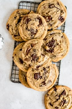 chocolate chip cookies cooling on a wire rack