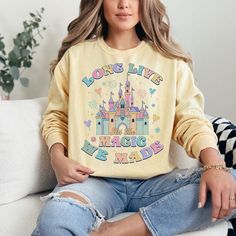 Disneyland Disney World Castle Pastel Rainbow Long Live All The Magic We Made Sweatshirt. Perfect For Your Family Vacation Or Girl Trip To The Happiest Place On Earth Super Soft And Comfortable For Every Day Wear Made To Order Sizes S - 3xl Available (Unisex Sizing) Printed On Comfort Colors 1566 (Crewneck Sweatshirt), Comfort Colors C1717 (Tshirt) L, And Comfort Colors 1567 (Hoodie). Prices Vary With Style. Please See Color Chart Above For Available Colors. *Please Send Me A Message With Prefer Disney World Castle, Girl Trip, Rainbow Magic, Happiest Place On Earth, Pastel Rainbow, Long Live, Disney Parks, Color Chart, Girls Trip