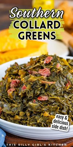 southern collard greens in a white bowl on a wooden table with other food items