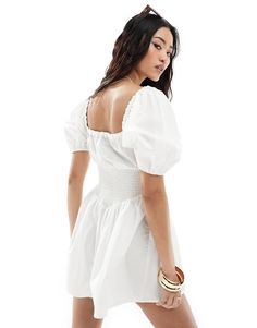 Jumpsuits & Rompers by ASOS DESIGN That effortless look V-neck Balloon sleeves Tie front Shirred waist Regular fit White Puff Sleeve Mini Dress With Ruffle Hem, White Puff Sleeve Cotton Mini Dress, Spring V-neck Smock Mini Dress, White A-line Mini Dress With Ruffle Hem, Ruffled Button-up Cotton Mini Dress, Lace Neck, Winter Party Dress, Long Sleeve Floral Dress, Satin Slip Dress