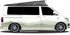 a white van with an awning on the roof is parked in front of a white background