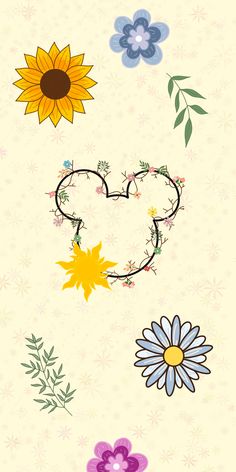 an image of mickey mouse with flowers on the bottom and sunflowers in the middle