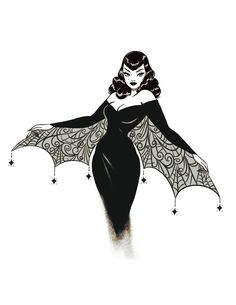 a black and white drawing of a woman in a bat costume with stars on her wings