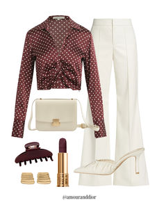 Styling a burgundy and cream outfit for a chic and sophistication autumn/ winter look, polka dots, winter white, white pants, white kitten heels, cream bag, cream handbag, holiday outfit, Christmas outfit White Kitten Heels, Cream Handbag, Cream Outfit, Cream Bag, White Kitten