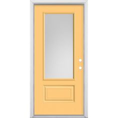 a yellow door with a mirror on the front and side panels to match it's color