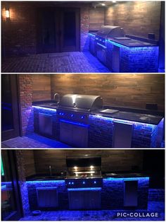 an outdoor hot tub with blue lights on the side and above it is a brick wall