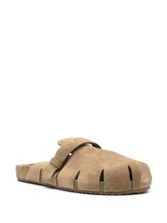 Ancient Greek Sandals Atlas Suede Slippers - Farfetch Suede Slip-on Slippers With Buckle Closure, Suede Slip-on Mules With Buckle Closure, Flat Suede Mules With Textured Footbed, Modern Suede Sandals With Rubber Sole, Designer Suede Closed Toe Sandals, Suede Sandals With Rubber Sole, Flat Suede Sandals With Rubber Sole, Designer Suede Sandals With Round Toe, Suede Slippers