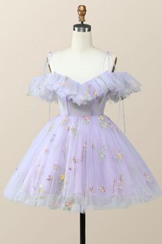 Light Purple Aesthetic Clothes, Tangled Hoco Theme Dress, Purple Fairy Dress Short, Tangled Inspired Hoco Dress, Tangled Themed Hoco Dress, Lavender Homecoming Dress Short, Tangled Homecoming Dress, Tulle Hoco Dress, Light Purple Homecoming Dress