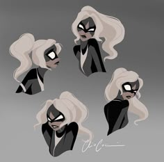 an image of a woman with white hair and black eyes in four different poses, including the