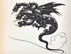 a black and white drawing of a dragon