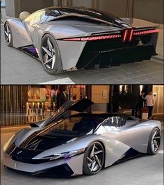 two different views of a futuristic car on the street