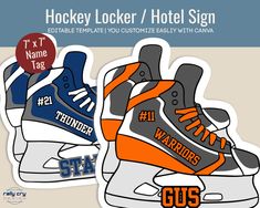 hockey sticker / hotel sign with custom name and number on each shoe for the team