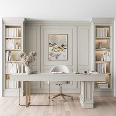 a white desk with bookshelves and vases on it in an empty room