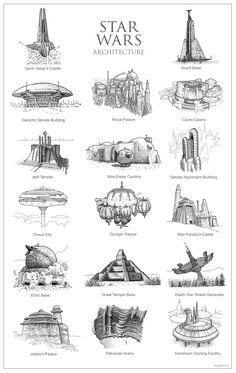 star wars architecture is shown in this black and white drawing, which shows the various structures that have been built