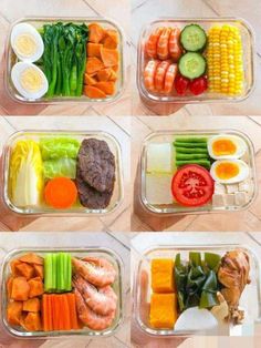 four plastic containers filled with different types of vegetables and meats on top of each other