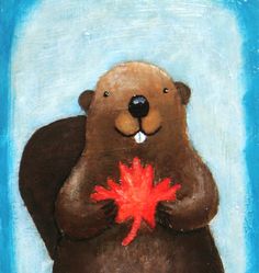 a painting of a brown bear holding a red leaf in its paws with blue background