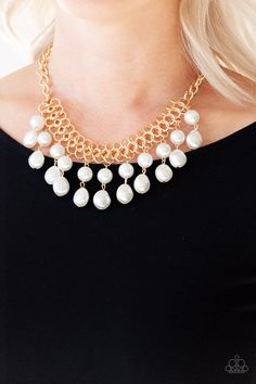 A collection of classic and imperfect white pearls dangle from a web of interlocking gold links below the collar, adding a modern twist to the timeless palette. Features an adjustable clasp closure. Blue Pearls, White Pearl Necklace, Gold Pearl Necklace, Gold Jewelry Necklace, 5th Avenue, Paparazzi Accessories, Affordable Jewelry, Paparazzi Jewelry, Boutique Jewelry