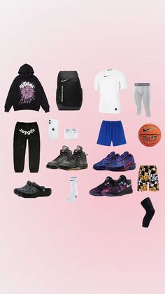 an assortment of clothing and shoes on a pink background