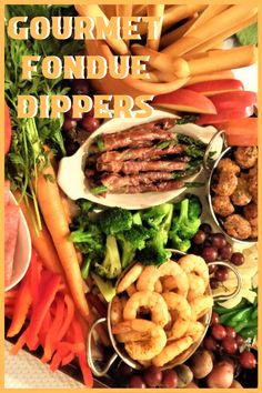 the cover of gourmet fondue dippers is surrounded by vegetables and meats