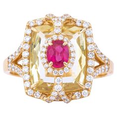 A masterful blend of artistry and luxury, the 18 Karat Gold Cocktail Ring is a dazzling showcase of a 5.13 carat diamond, citrine, and ruby. This piece exudes opulence, featuring a central diamond that captivates with its extraordinary clarity and brilliance. Surrounding this breathtaking gem, the citrine and ruby stones add vibrant splashes of color, creating a striking contrast that enhances the diamond’s radiant sparkle. The ring’s band, crafted from premium 18 karat gold, is both sturdy and