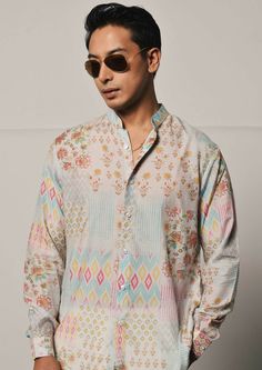 Patchwork print shirt style mal cotton kurta featuring a mandarin collar, cuffed sleeves and a curved hemline. This is a 2 piece set complete with a cream trouser style cotton pajama. Kurta Set For Men, Cream Trousers, Patchwork Print, Cotton Kurta, Trouser Style, Fashion Joggers, Cotton Pyjamas, Kurta Set, Full Sleeves