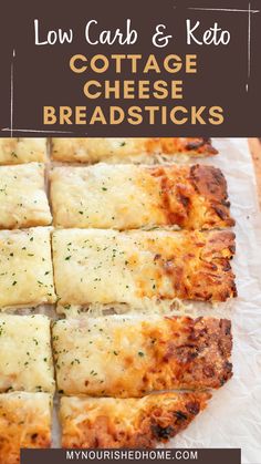 low carb and keto cottage cheese breadsticks on parchment paper with text overlay