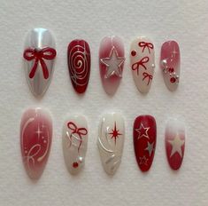 cute nail set (red and white) Downtown Aesthetic Nails, Easy Beginner Nails, Concert Nails, Cute Nail Art Designs, Y2k Nails, Party Nails, Nail Patterns, Star Nails, Cute Nail Art