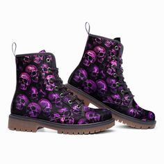 These extremely comfortable classic boots with a high quality print are made to last and to impress. Designed for fashion people, stylish and personalized. Perfect for everyday wearing and to show a unique sense of style.. - The Upper Made of PU leather (synthetic leather), the sole made of rubber.- Soft PU make it comfortable and soft. Size Chart Casual Purple Boots For Streetwear, Purple Round Toe Boots For Streetwear, Casual Purple Leather Boots, Purple Lace-up Boots For Streetwear, Black And Purple Boots, Black And Pink Heart Boots, Pink High-top Leather Lace-up Boots, Purple Demonia Boots, Purple Punk Boots With Round Toe