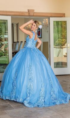 Long v-neck a-line quinceanera ball gown with removable draped sleeves. Draped Sleeves, Quince Dress, Quinceanera Dress, Bahama Blue, Prom Designs, Drape Sleeves, Designer Prom Dresses, Prom Girl, Dancing Queen