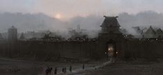 an old castle with people walking in front of it on a foggy day at night