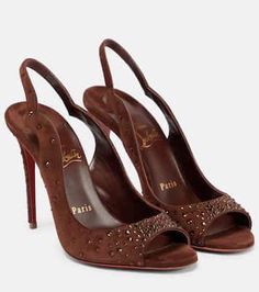 Luxury Brown Sandals For Party, Designer Suede Sandals For Party, Luxury Suede Sandals For Evening, Luxury Suede Evening Sandals, Luxury Brown Suede Heels, Luxury Suede Sandals For Formal Occasions, Cocktail Suede Open Toe Sandals, Suede Open Toe Sandals For Cocktail, Luxury Open Heel Suede Heels