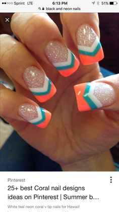 Nails For Hawaii, V Tip Nails, Dolphin Nails, Nagellack Trends, Coral Nails, Vacation Nails, Tip Nails, Summer Acrylic Nails, Neon Coral