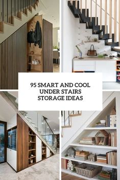 some stairs and shelves with books on them in different stages of being used as storage