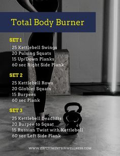 the total body burner workout plan is shown in black and white with an image of a