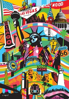 an image of the statue of liberty in las vegas, with many different symbols and colors