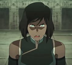 an anime character with black hair and blue eyes looking at the camera while standing in front of a building