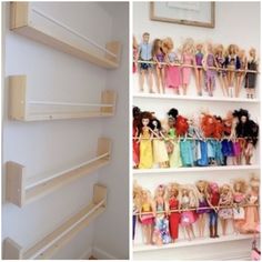 there are several shelves that have barbie dolls on them